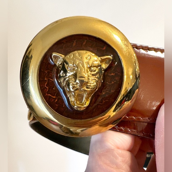 Vintage Escada Tiger Head Belt Brown Patent Leather Gold Medallion sz 38 - Picture 6 of 7